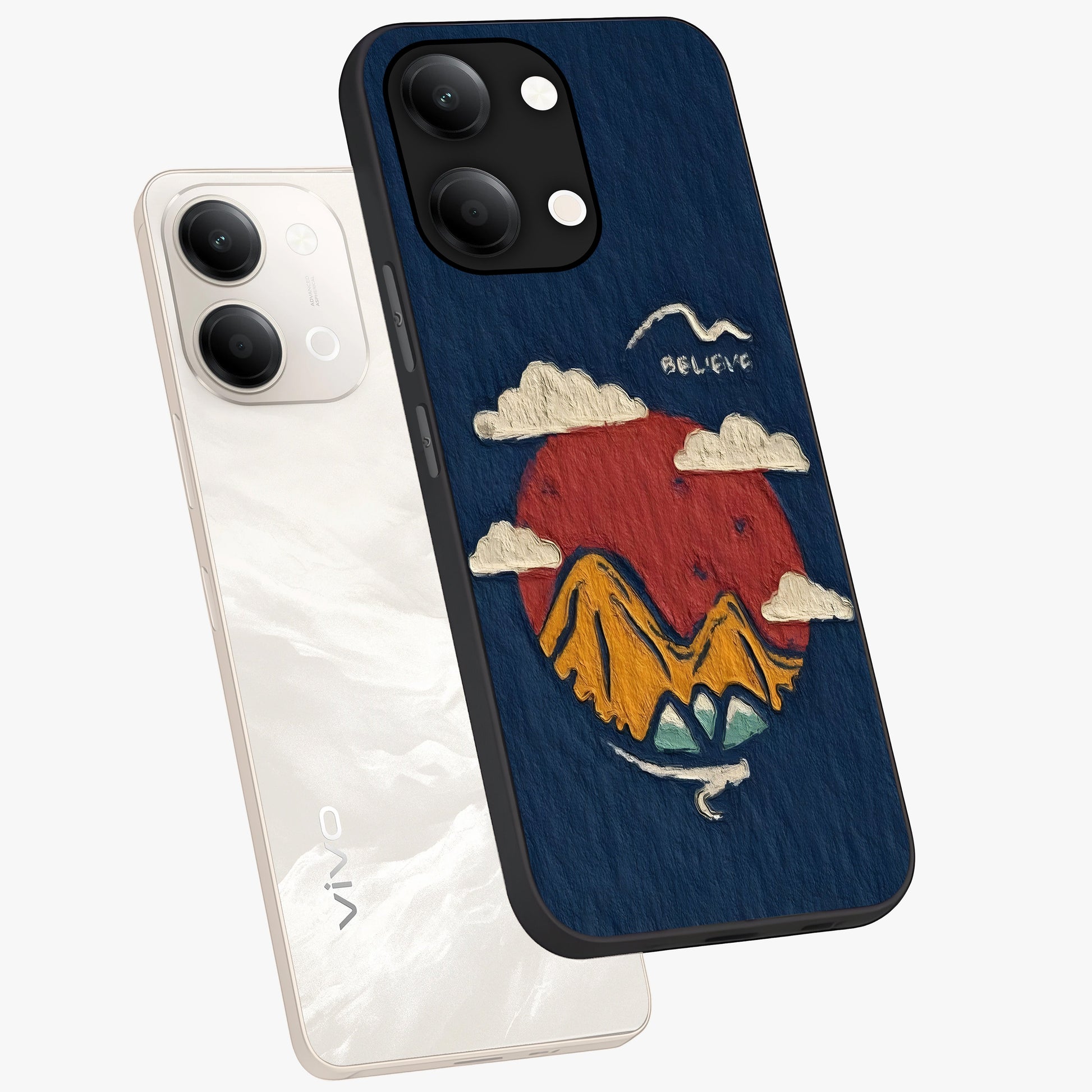 Dream Beyond Mountains Glass Case displayed in angled mockup highlighting dreamy mountain illustration with peaceful aesthetic.
