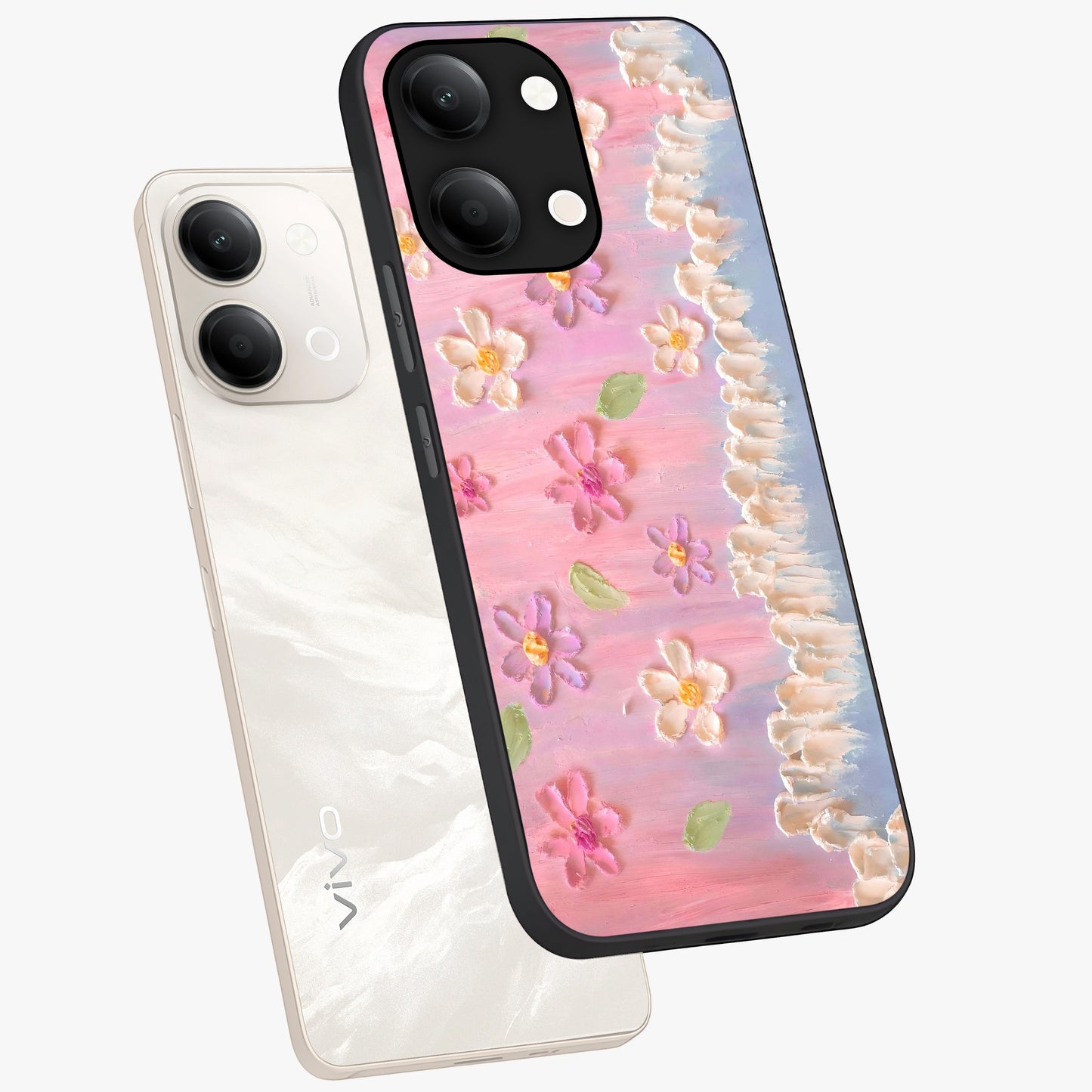 Dreamy Painted Garden Glass Case displayed in angled mockup highlighting colorful garden illustration with dreamy aesthetic style.