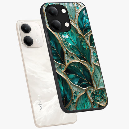 Emerald Leaf Glass Glass Case displayed in angled mockup highlighting botanical leaf illustration with elegant natural aesthetic.
