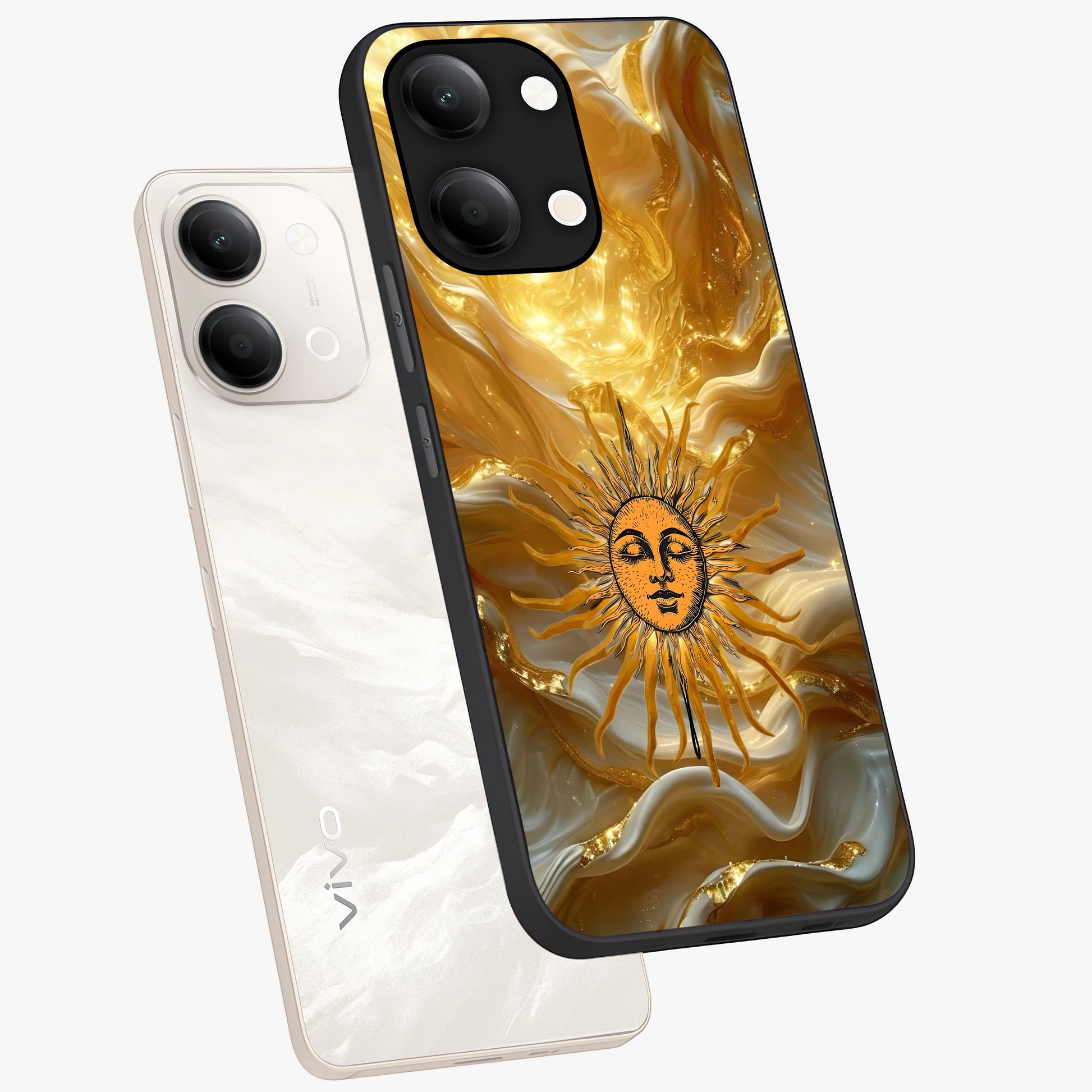 Eternal Golden Glow Glass Case displayed in angled mockup highlighting glowing golden aesthetic design with elegant style.