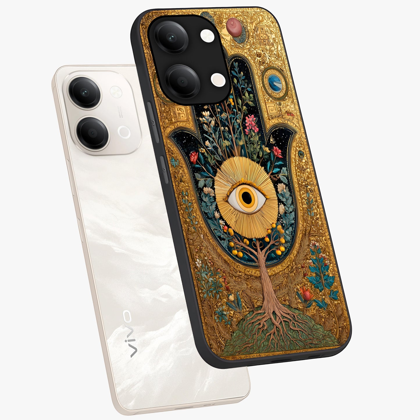 Ethereal Evil Eye Glass Case displayed in angled mockup highlighting protective evil eye symbol with spiritual aesthetic design.