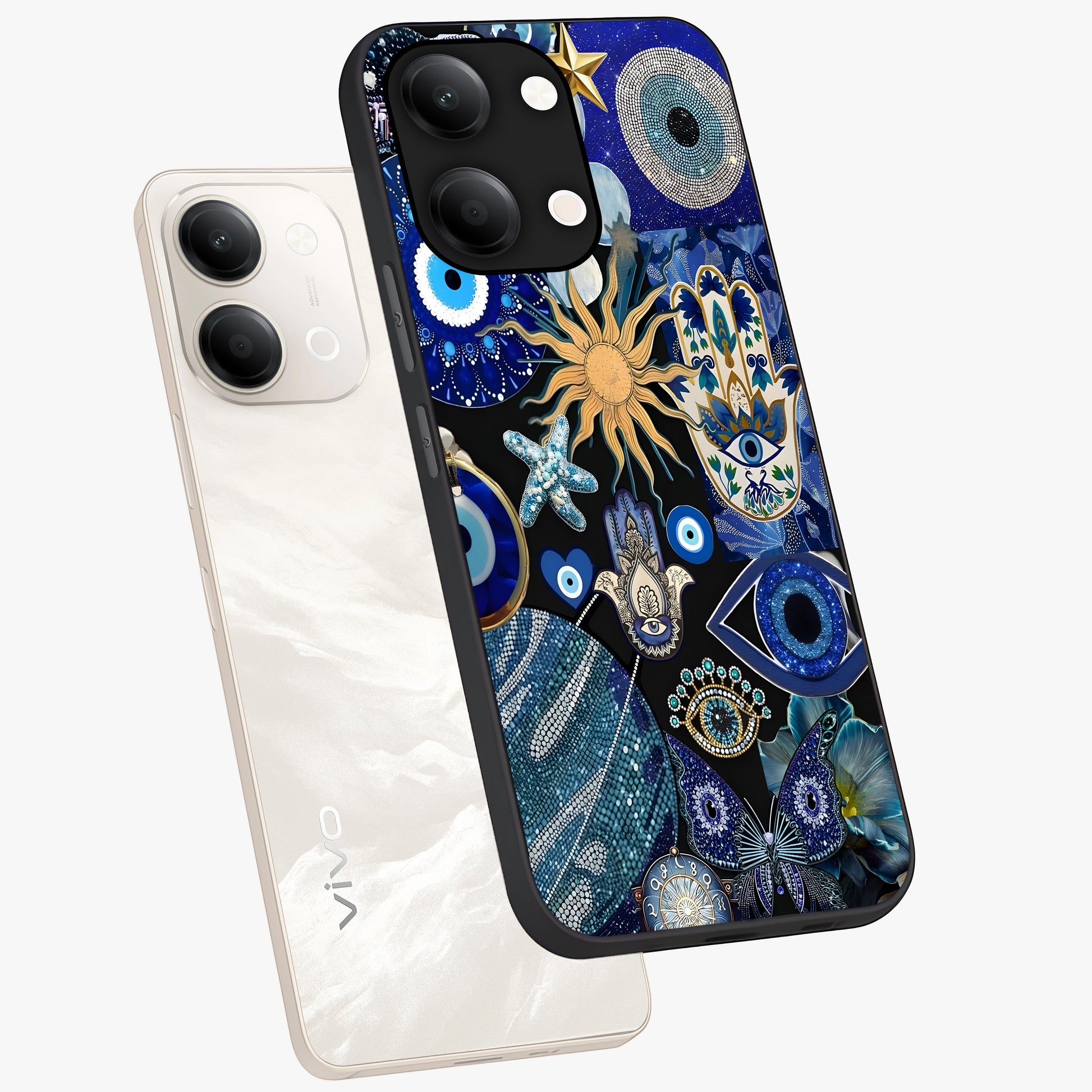 Evil Eye Charm Mix Glass Case displayed in angled mockup highlighting protective evil eye symbols with spiritual aesthetic design.