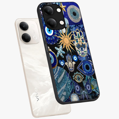 Evil Eye Charm Mix Glass Case displayed in angled mockup highlighting protective evil eye symbols with spiritual aesthetic design.