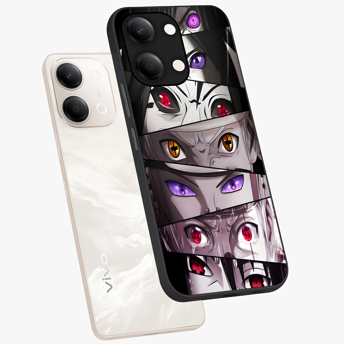 Eyes of Destiny Glass Case displayed in angled mockup highlighting bold eye illustration with mystical aesthetic style.