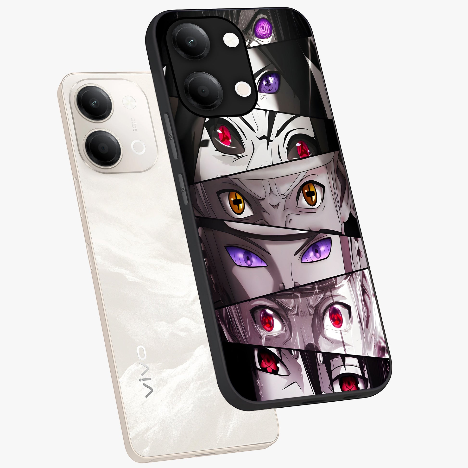 Eyes of Destiny Glass Case displayed in angled mockup highlighting bold eye illustration with mystical aesthetic style.