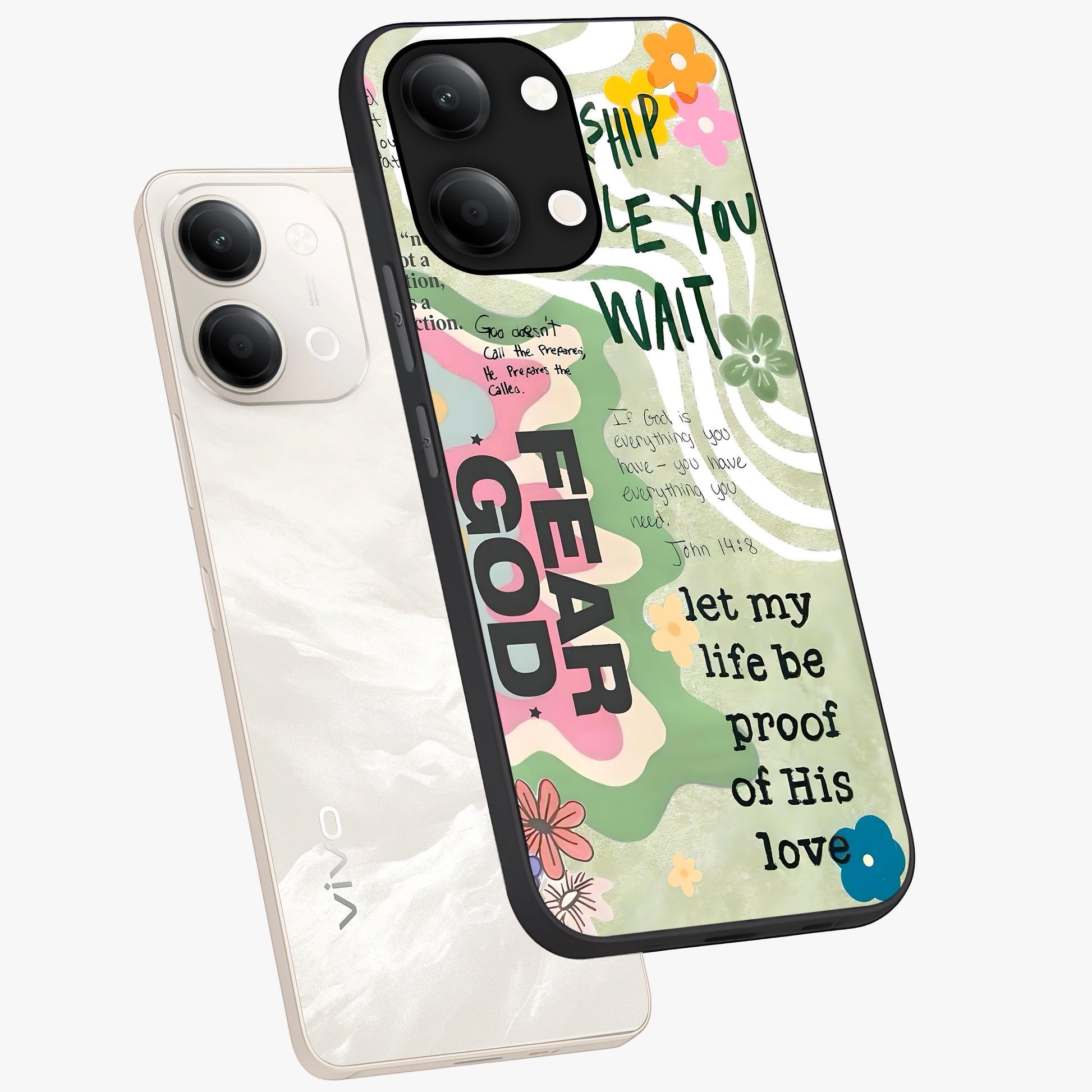 Faith Over Fear Glass Case displayed in angled mockup highlighting inspirational message design with modern aesthetic style.