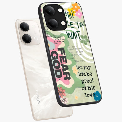 Faith Over Fear Glass Case displayed in angled mockup highlighting inspirational message design with modern aesthetic style.