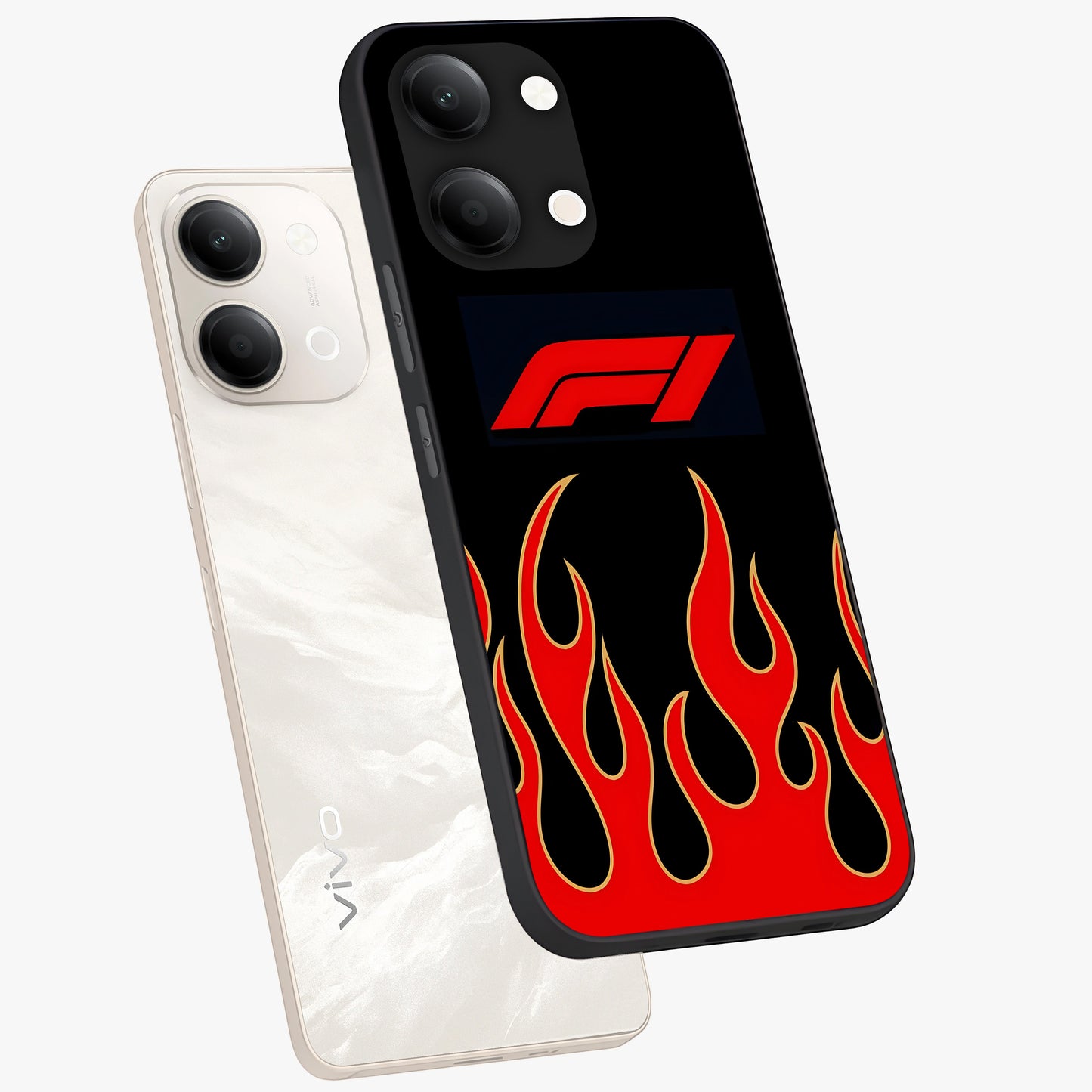 Fire F11 Glass Case displayed in angled mockup highlighting bold fire inspired graphic with energetic aesthetic style.