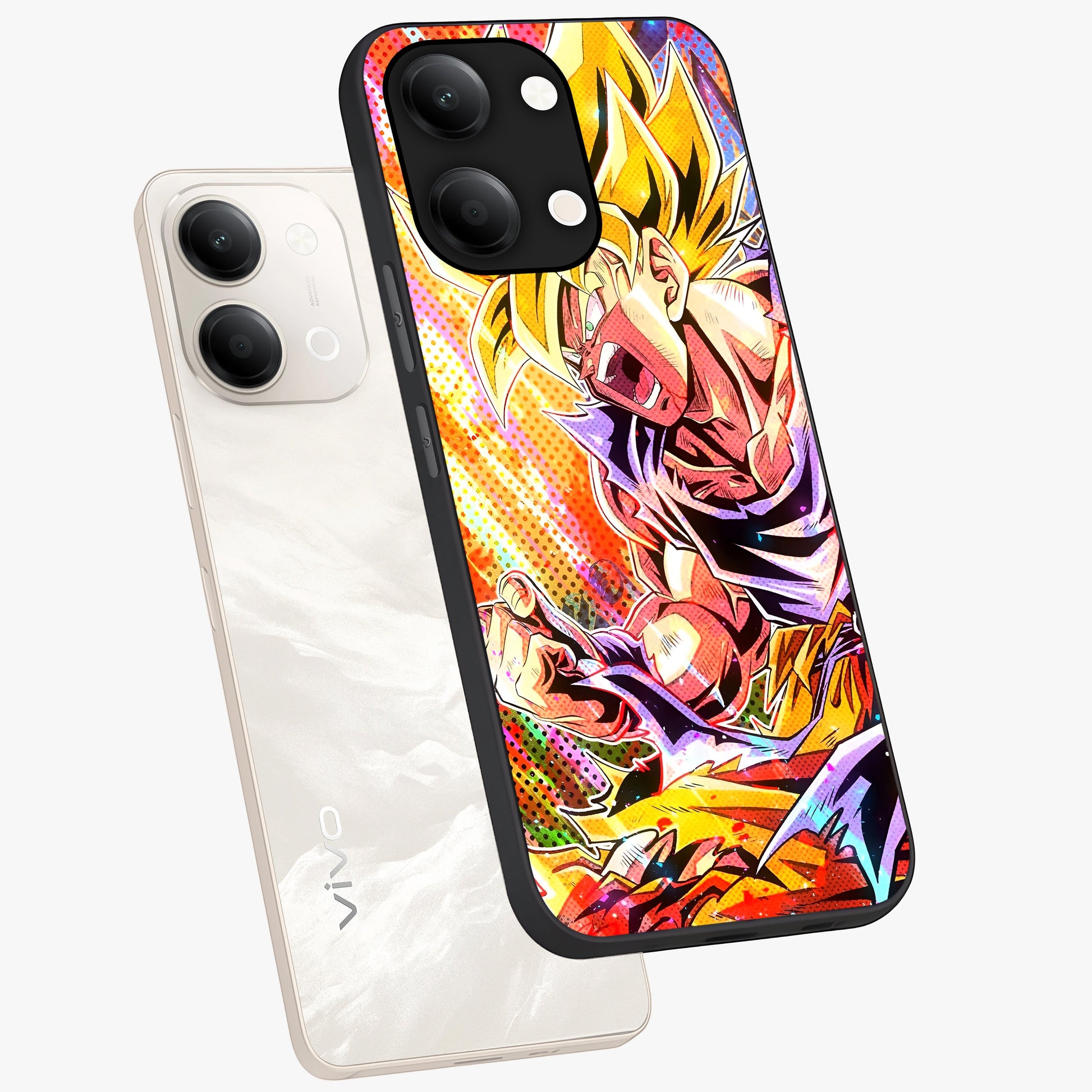 Firing Goku Glass Case displayed in angled mockup highlighting dynamic anime character design with action aesthetic.