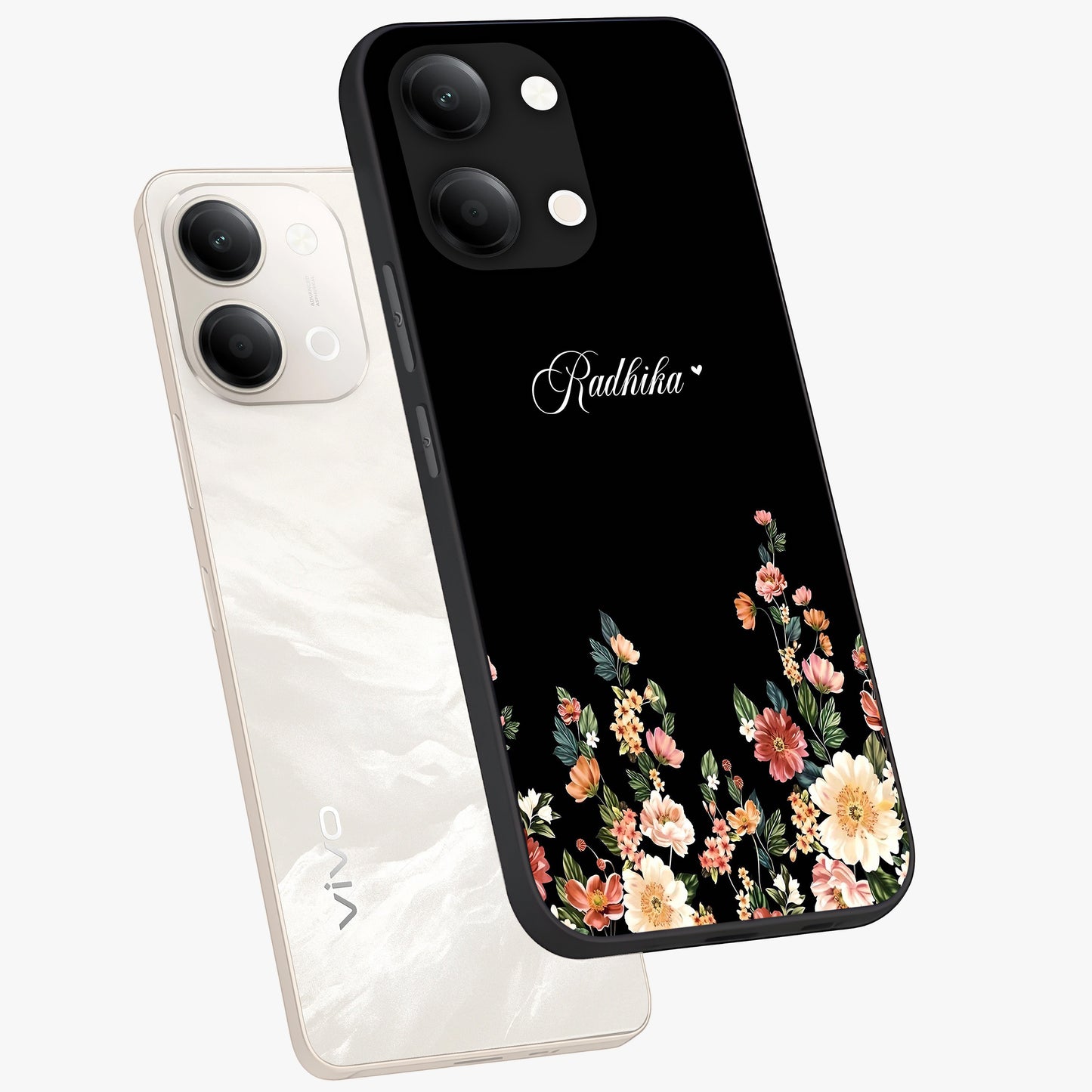 Floral Design With a Custom Personalized Name Glass Case displayed in angled mockup highlighting elegant floral pattern with custom name feature.