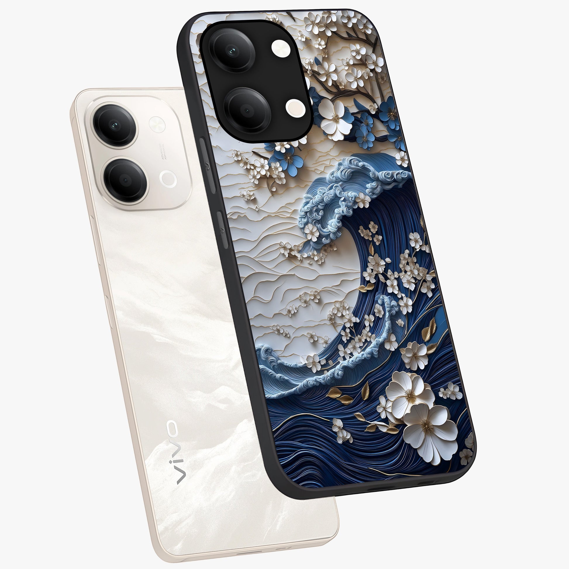 Floral Wave Origami Glass Case displayed in angled mockup highlighting geometric origami flower design with modern aesthetic style.