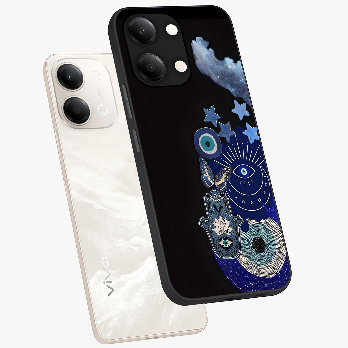 Galactic Charm Cluster Glass Case displayed in angled mockup highlighting luminous galaxy inspired design with dreamy aesthetic.