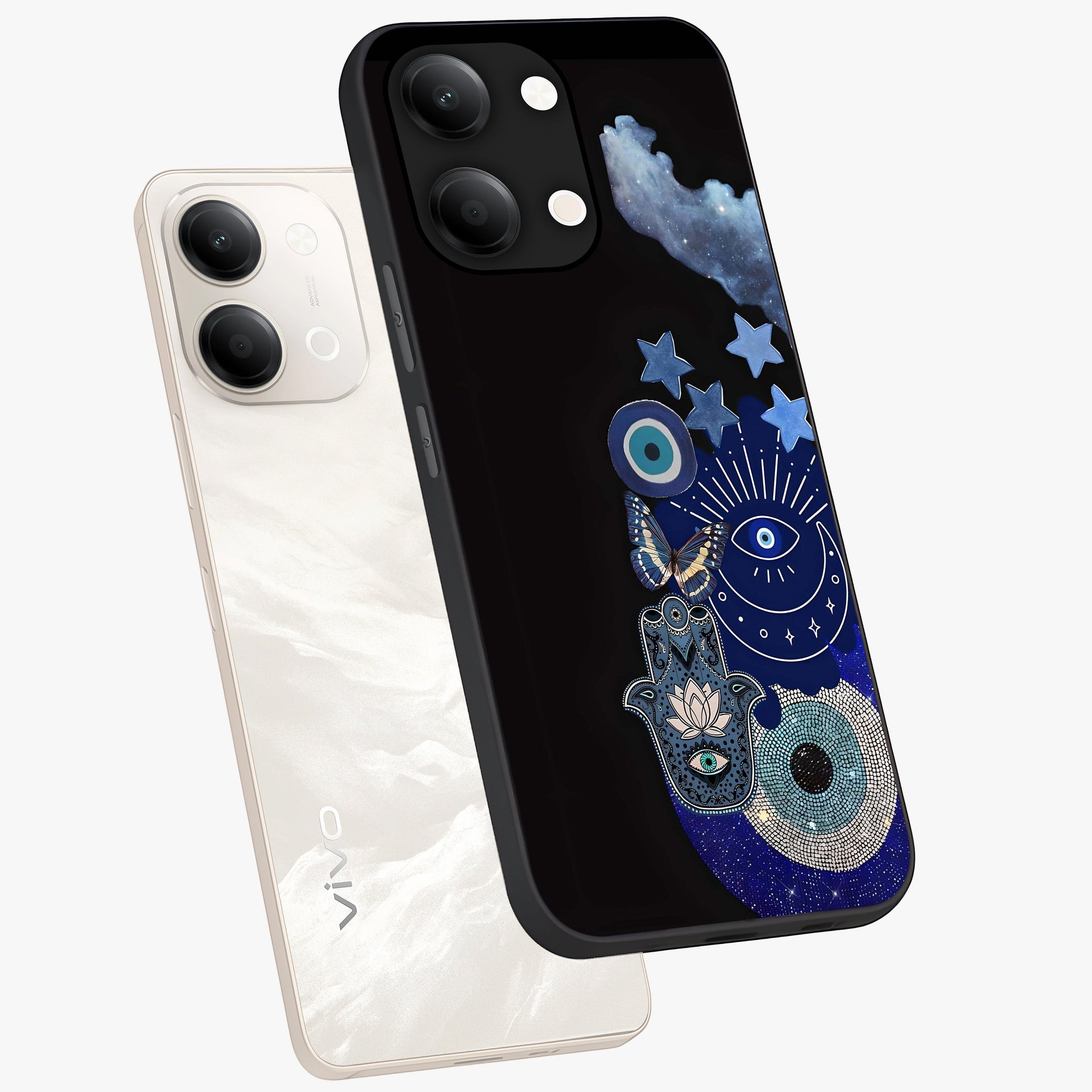 Galactic Charm Cluster Glass Case displayed in angled mockup highlighting luminous galaxy inspired design with dreamy aesthetic.