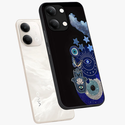 Galactic Charm Cluster Glass Case displayed in angled mockup highlighting luminous galaxy inspired design with dreamy aesthetic.