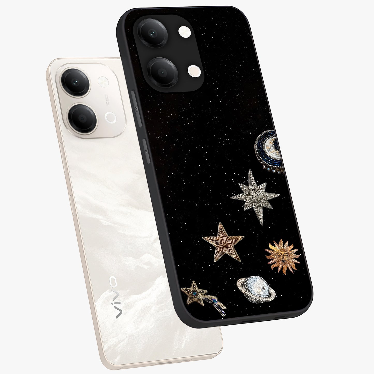Galactic Charm Glow Glass Case displayed in angled mockup highlighting luminous galaxy inspired design with dreamy aesthetic.