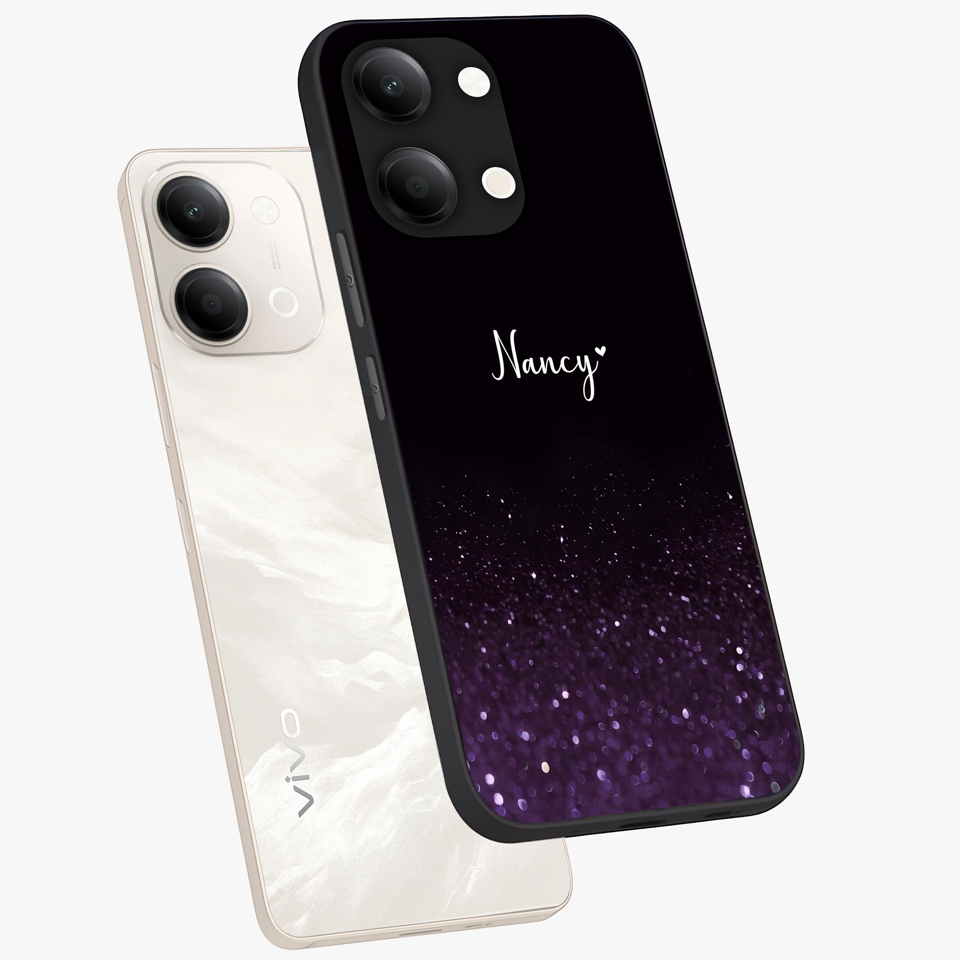 Glittery Purple Bokeh Custom Name Glass Case displayed in angled mockup highlighting glitter bokeh pattern with custom name feature.