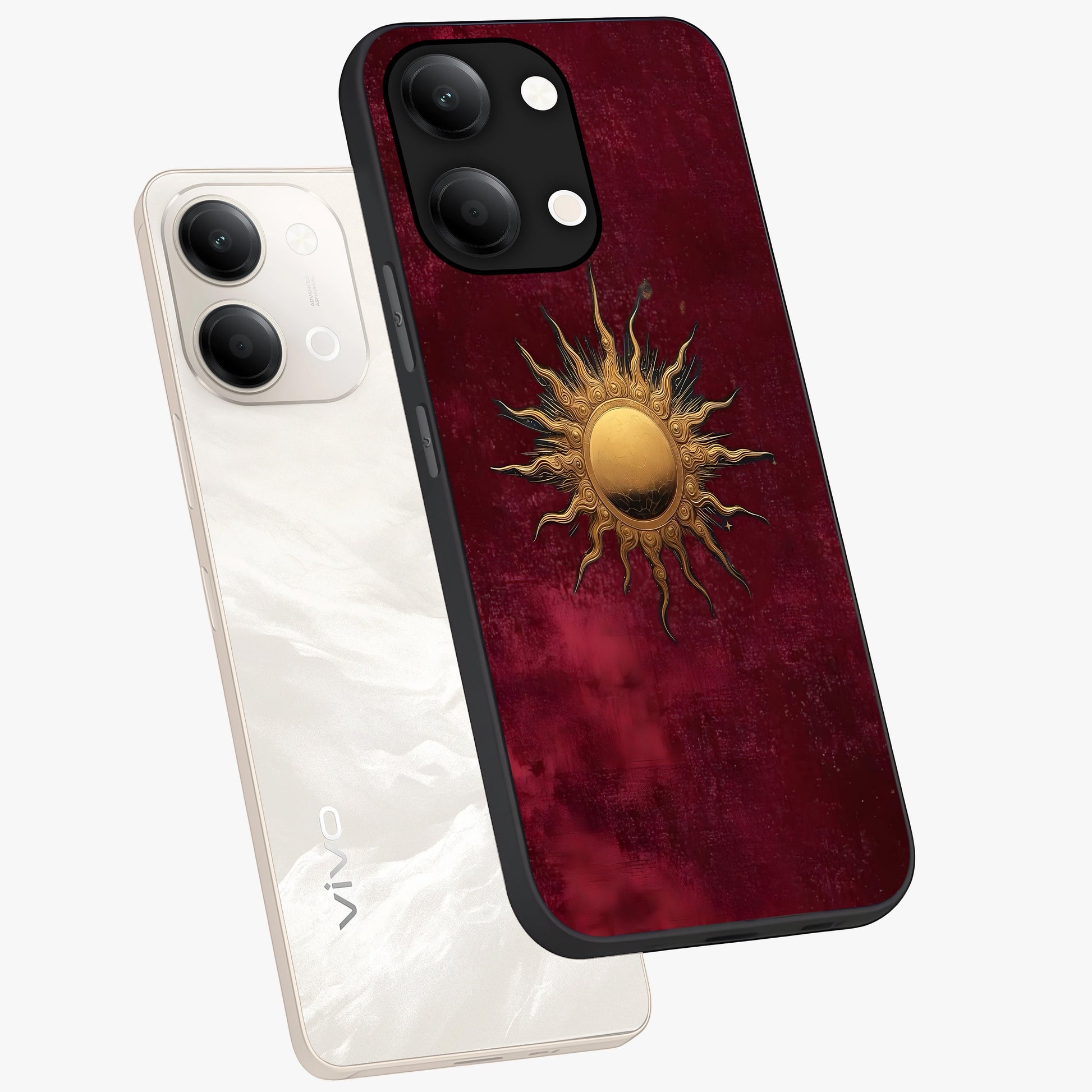Golden Sun Minimalism Glass Case displayed in angled mockup highlighting clean sun symbol design with modern minimal aesthetic.