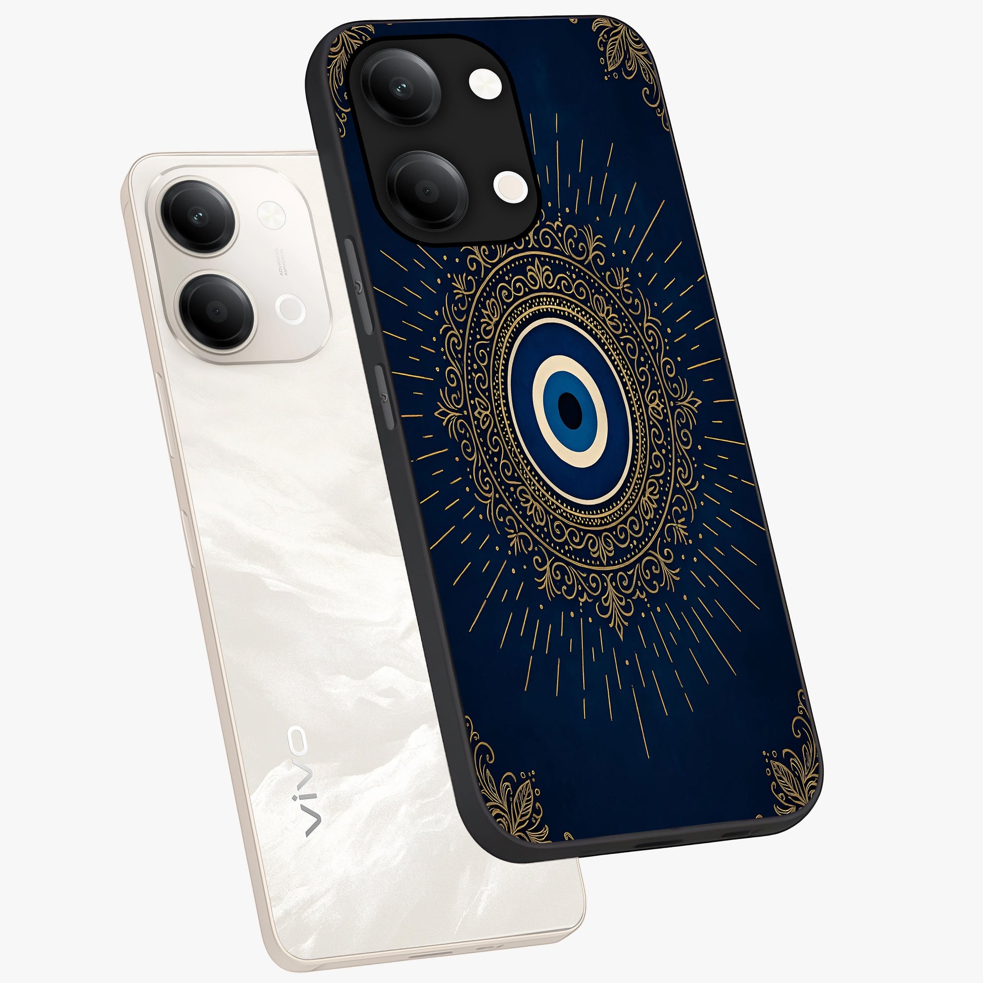 Golden Celestial Charm Glass Case displayed in angled mockup highlighting sparkling cosmic charm design with celestial aesthetic.