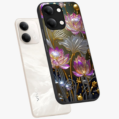 Golden Floral Majesty Glass Case displayed in angled mockup highlighting elegant flower design with royal golden aesthetic.
