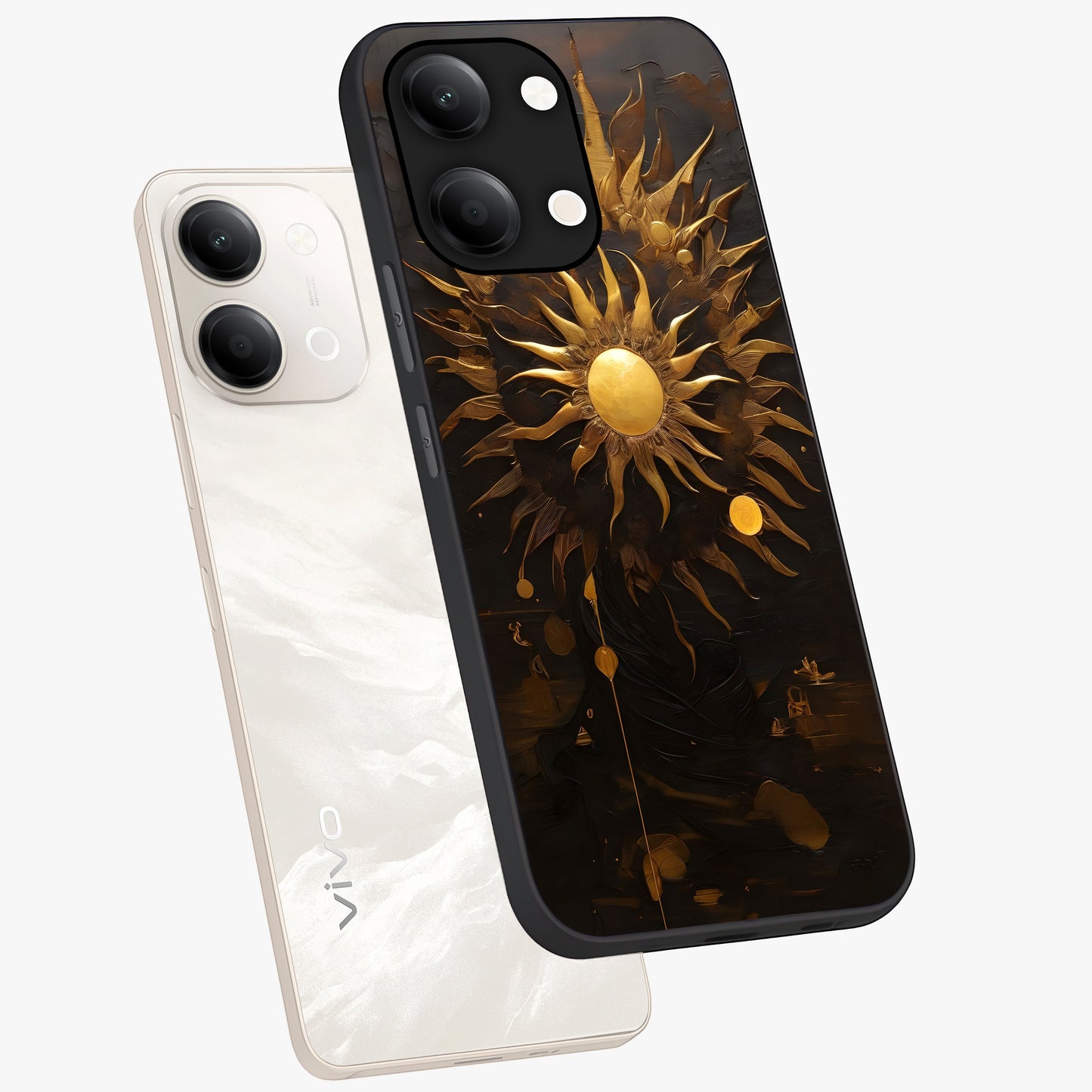 Golden Sun Majesty Glass Case displayed in angled mockup highlighting eerie shadow illustration with gothic aesthetic.