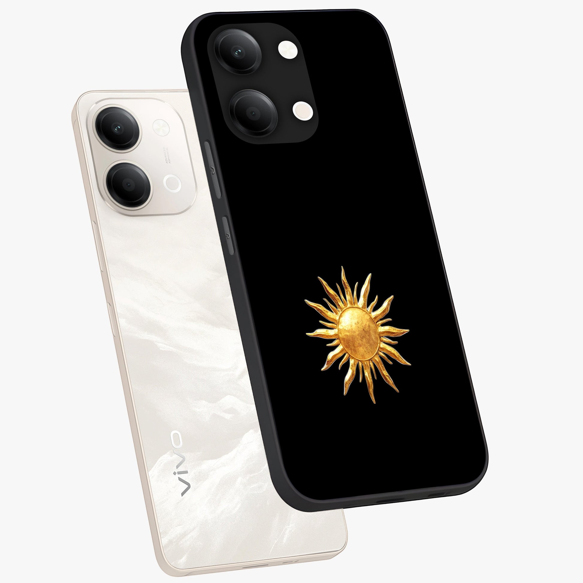 Golden Sun Minimalism Glass Case displayed in angled mockup highlighting eerie shadow illustration with gothic aesthetic.