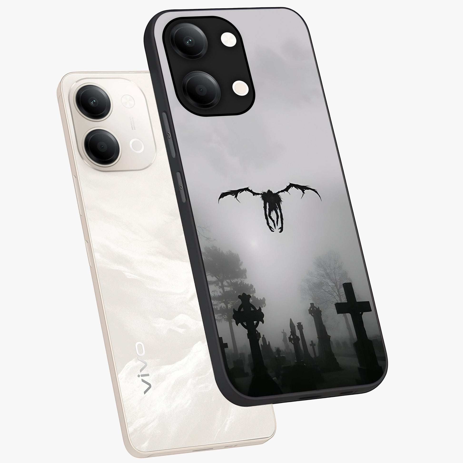 Graveyard Shadow Descent Glass Case displayed in angled mockup highlighting eerie shadow illustration with gothic aesthetic.