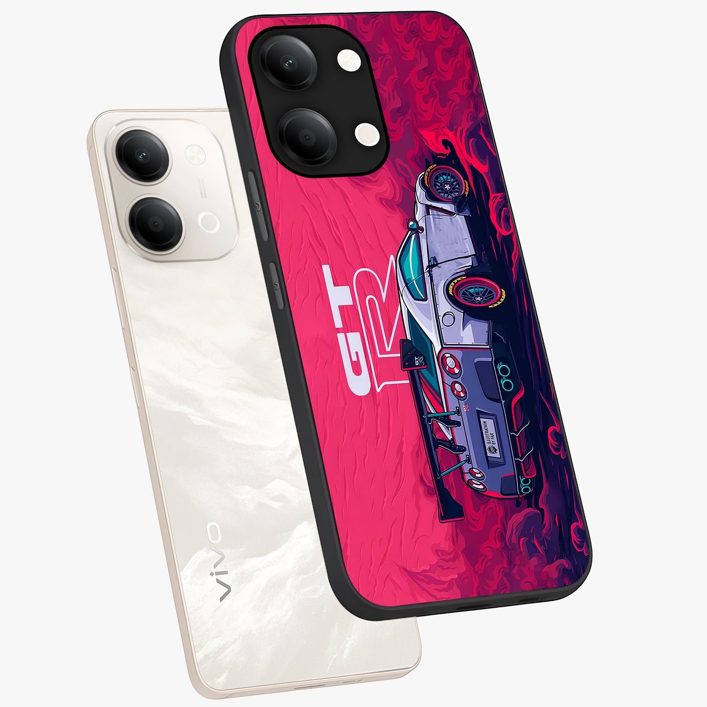 GT-R Car Pattern Glass Case displayed in angled mockup highlighting racing car graphic design with bold automotive aesthetic.