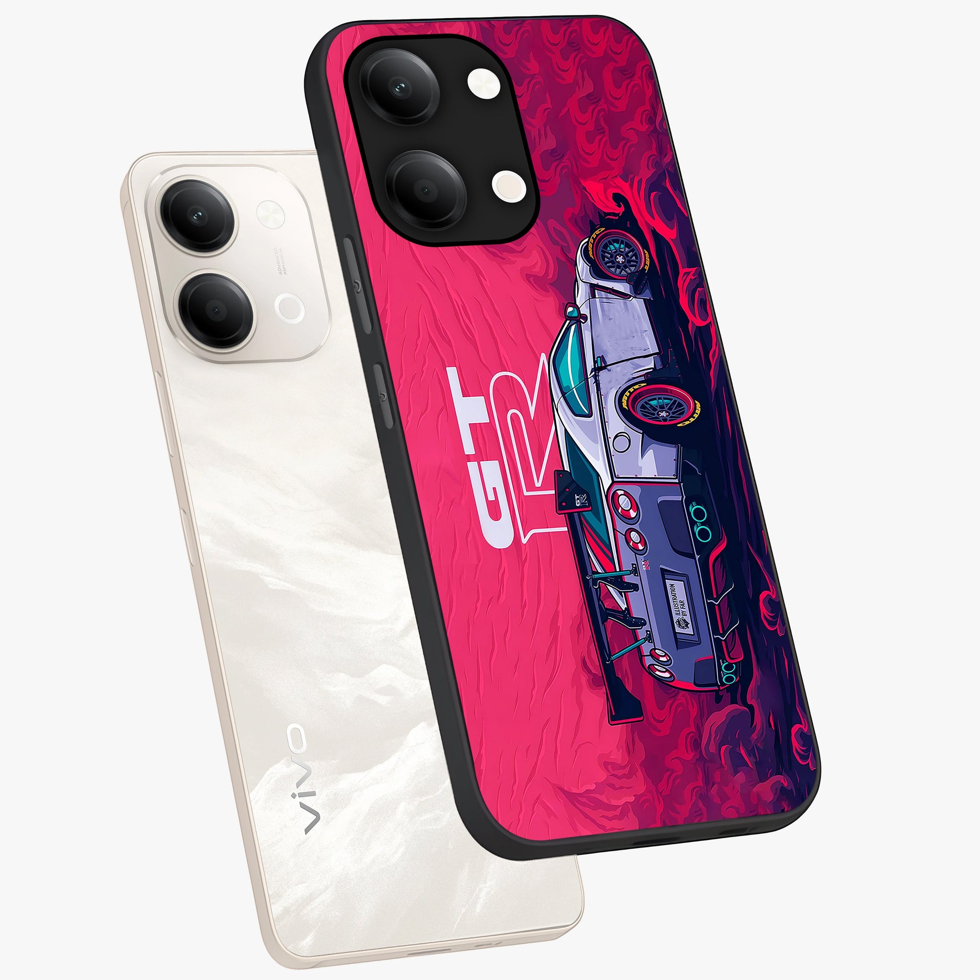 GT-R Car Pattern Glass Case displayed in angled mockup highlighting racing car graphic design with bold automotive aesthetic.