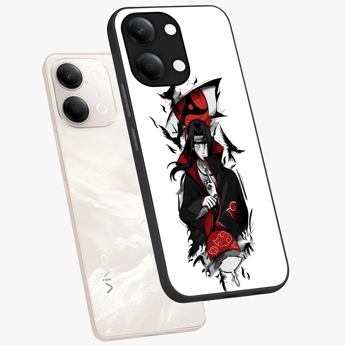 Itachi Limited Edition Naruto Anime Glass Case displayed in angled mockup highlighting dramatic anime illustration with bold action aesthetic.