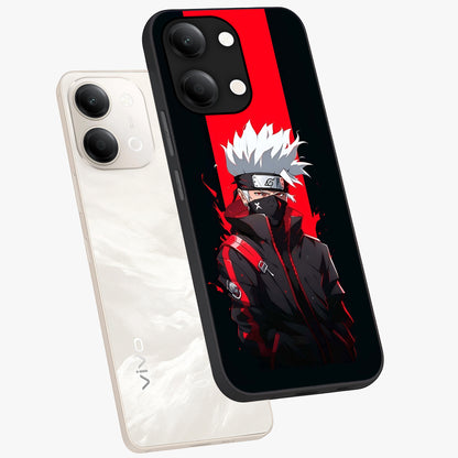 Kakashi Scarlet Shadow Glass Case displayed in angled mockup highlighting dramatic ninja illustration with scarlet themed aesthetic.