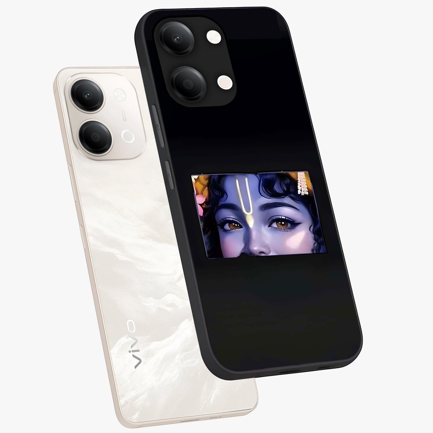 Krishna Divine Embrace Glass Case displayed in angled mockup highlighting divine Krishna illustration with spiritual aesthetic.