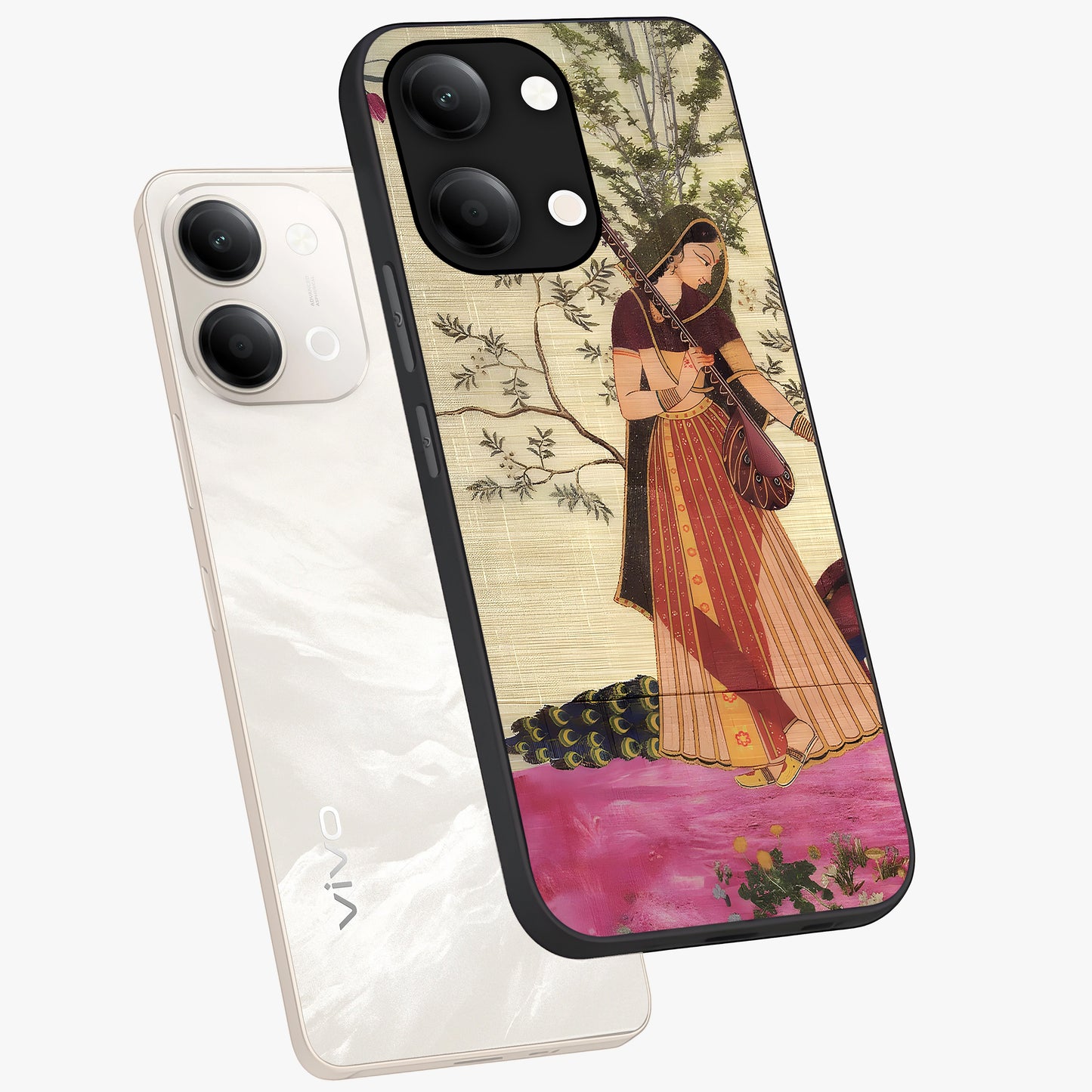 Lady With Veena Art Glass Case displayed in angled mockup highlighting graceful musical illustration with cultural artistic aesthetic.