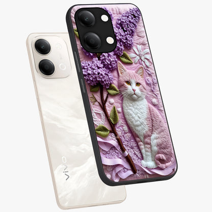 Lavender Cat Whimsy Glass Case displayed in angled mockup highlighting playful feline illustration with pastel lavender aesthetic.