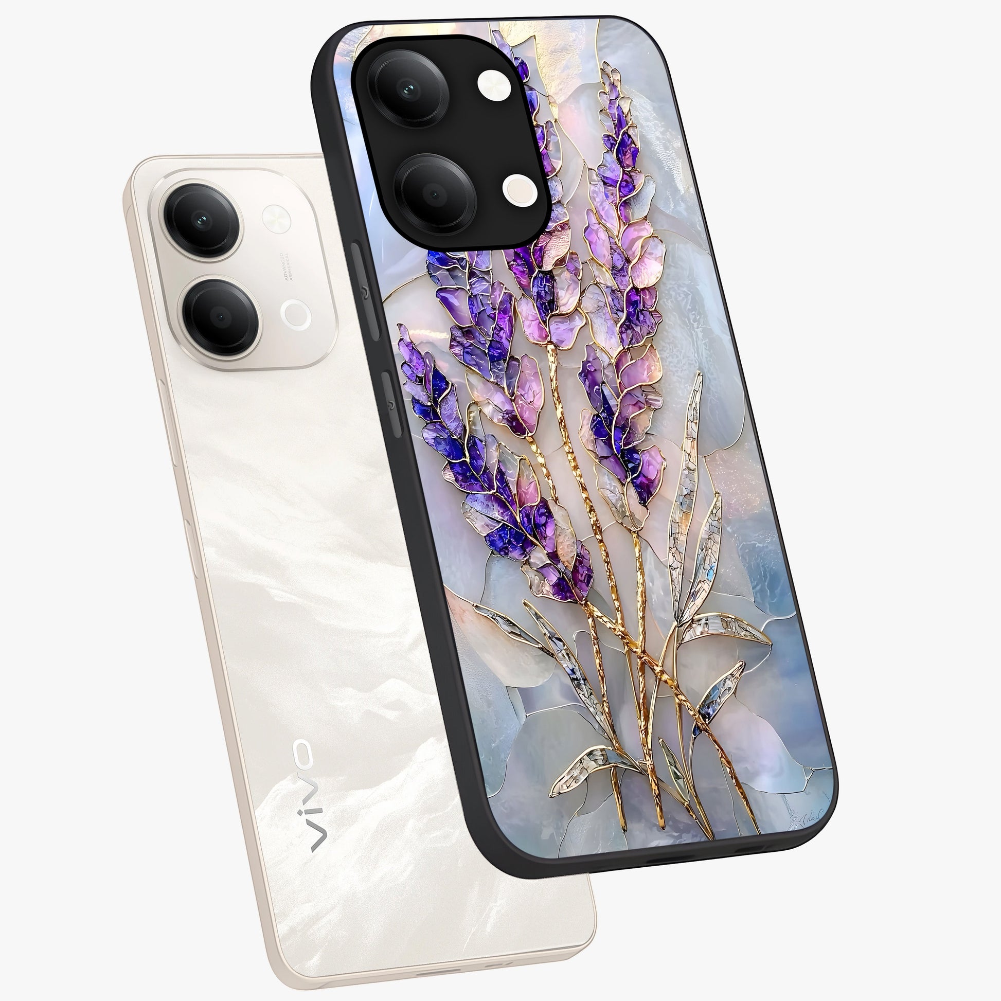 Lavender Dream Glow Glass Case displayed in angled mockup highlighting dreamy purple glow design with soft artistic style.