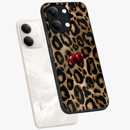 Leopard Wild Cherry Glass Case displayed in angled mockup highlighting bold animal print design with playful cherry aesthetic.