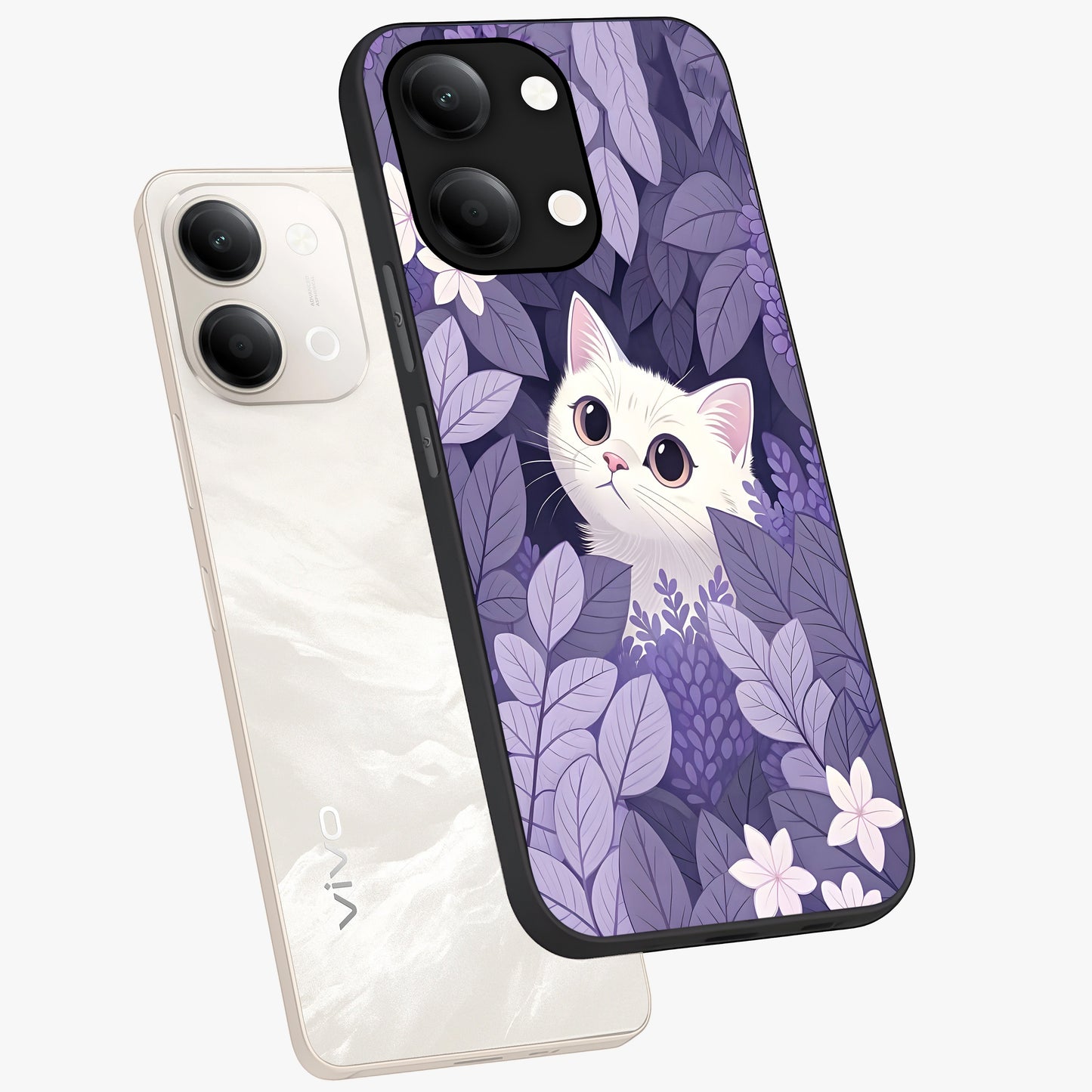 Lilac Hide Peek Cat Glass Case displayed in angled mockup highlighting playful feline illustration with lilac aesthetic design.