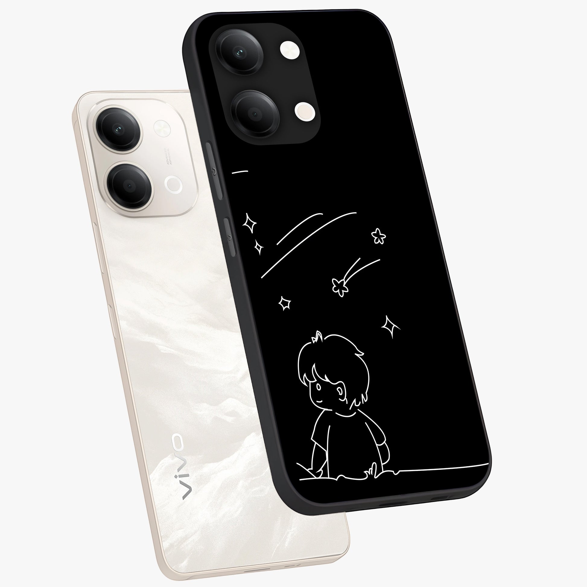 Line Art Boy With Shooting Stars Glass Case displayed in angled mockup highlighting elegant line art design with dreamy star aesthetic.