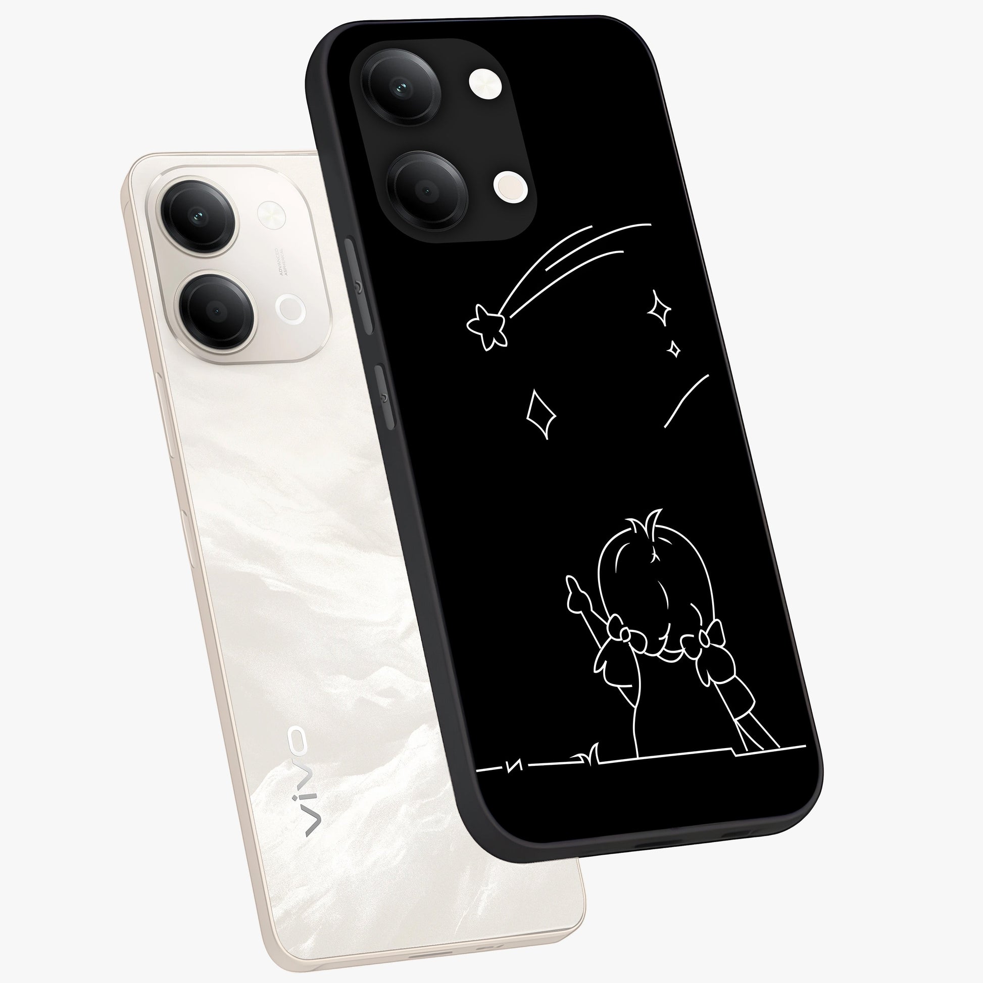 Line Art Girl With Shooting Stars Glass Case displayed in angled mockup highlighting elegant line art design with dreamy star aesthetic.