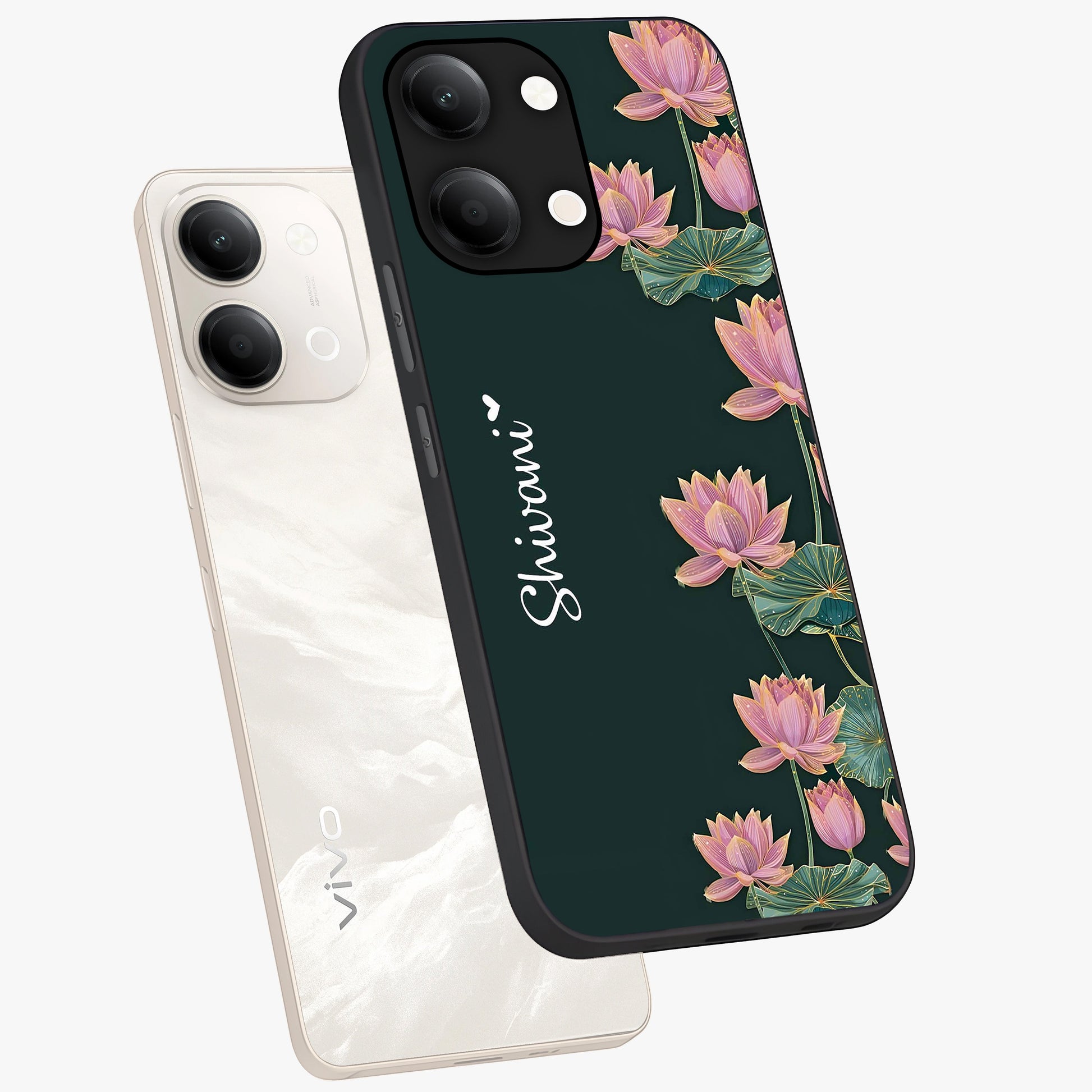 Lotus Bloom Serenity Custom Name Glass Case displayed in angled mockup highlighting graceful lotus illustration with custom name feature.