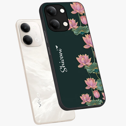 Lotus Bloom Serenity Custom Name Glass Case displayed in angled mockup highlighting graceful lotus illustration with custom name feature.