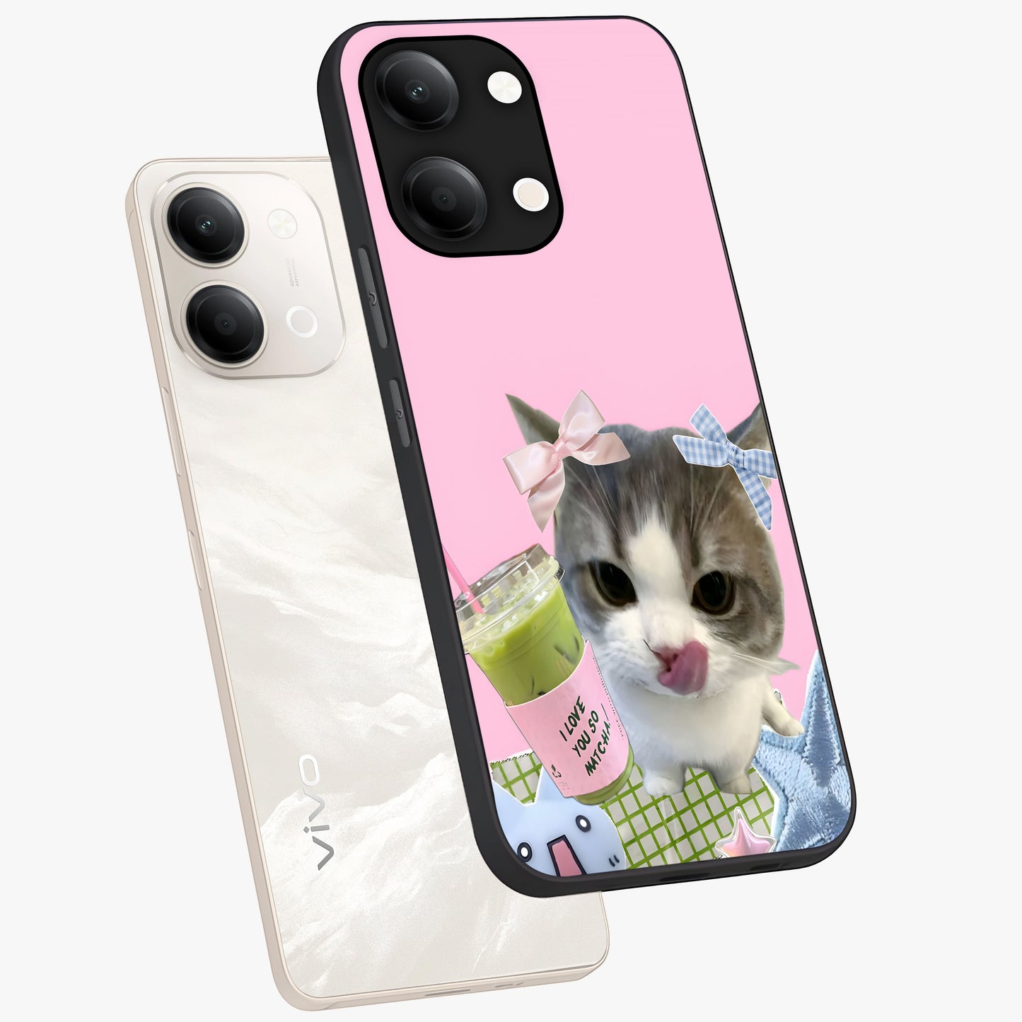Love Matcha Cat Glass Case displayed in angled mockup highlighting playful feline illustration with cozy matcha aesthetic.