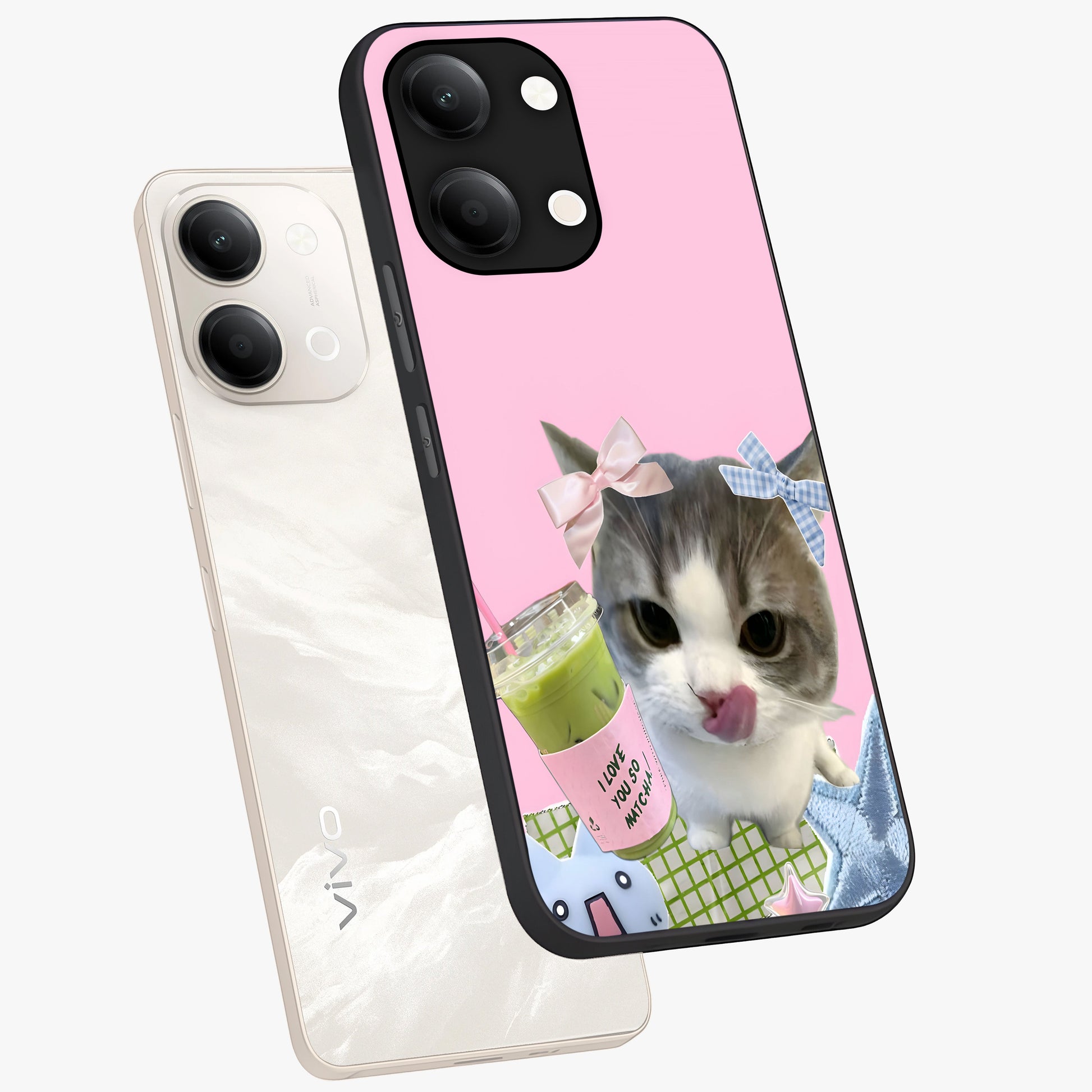 Love Matcha Cat Glass Case displayed in angled mockup highlighting playful feline illustration with cozy matcha aesthetic.