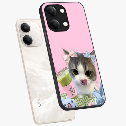 Love Matcha Cat Glass Case displayed in angled mockup highlighting playful feline illustration with cozy matcha aesthetic.