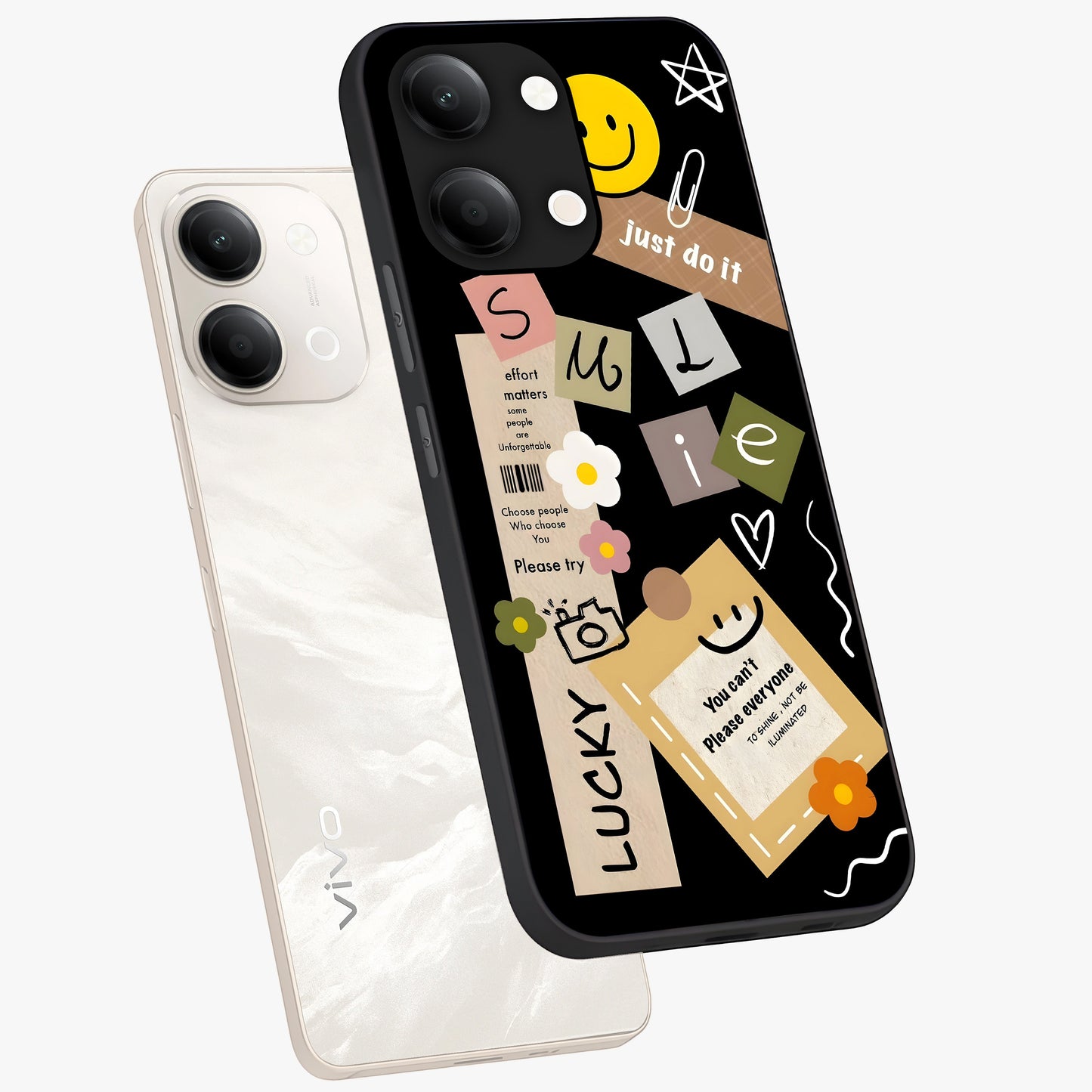 Lucky Aesthetic Collage Glass Case displayed in angled mockup highlighting stylish collage pattern with modern aesthetic vibe.