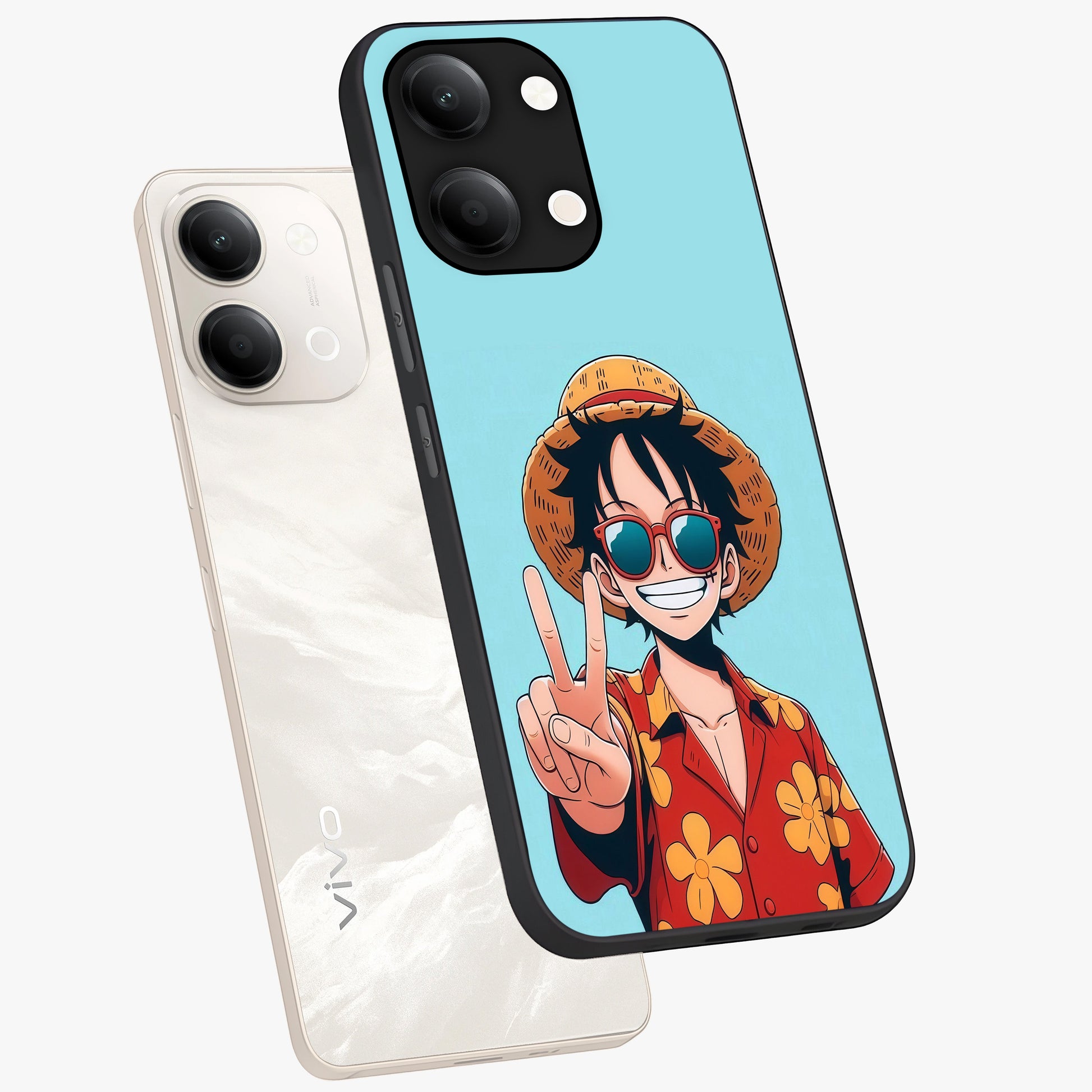 Luffy Summer Anime Vibe Glass Case displayed in angled mockup highlighting energetic anime illustration with summer vibe aesthetic.