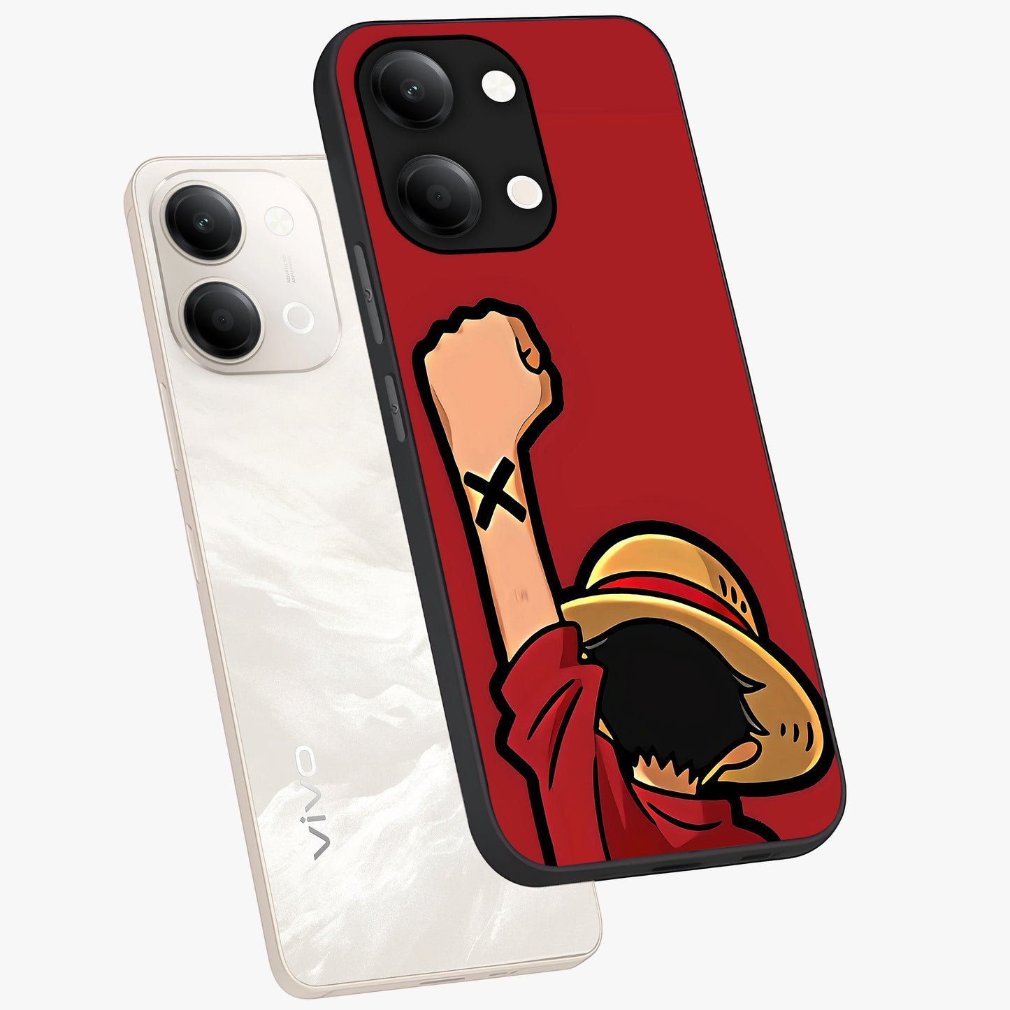 Luffy X Spirit Glass Case displayed in angled mockup highlighting powerful anime design with energetic action aesthetic.
