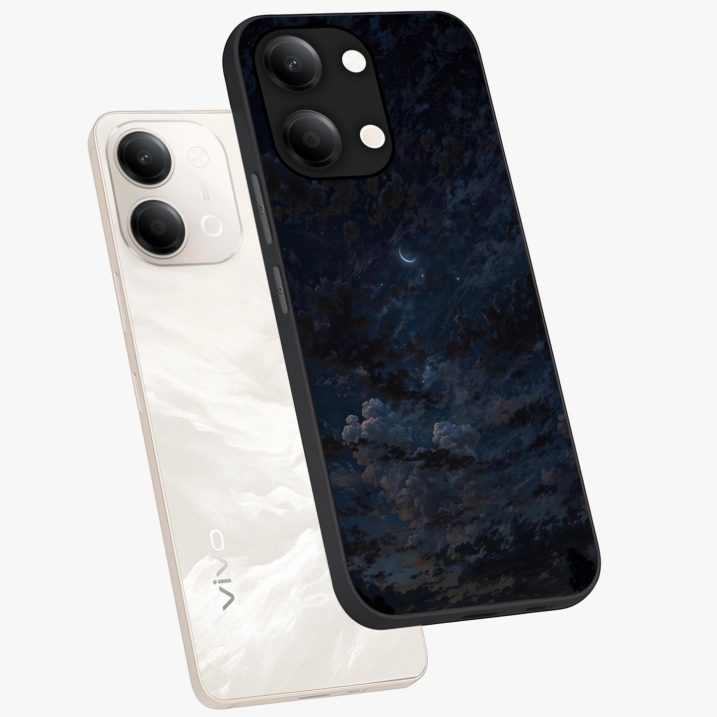 Lunar Veil Silence Glass Case displayed in angled mockup highlighting soft lunar design with peaceful celestial aesthetic.