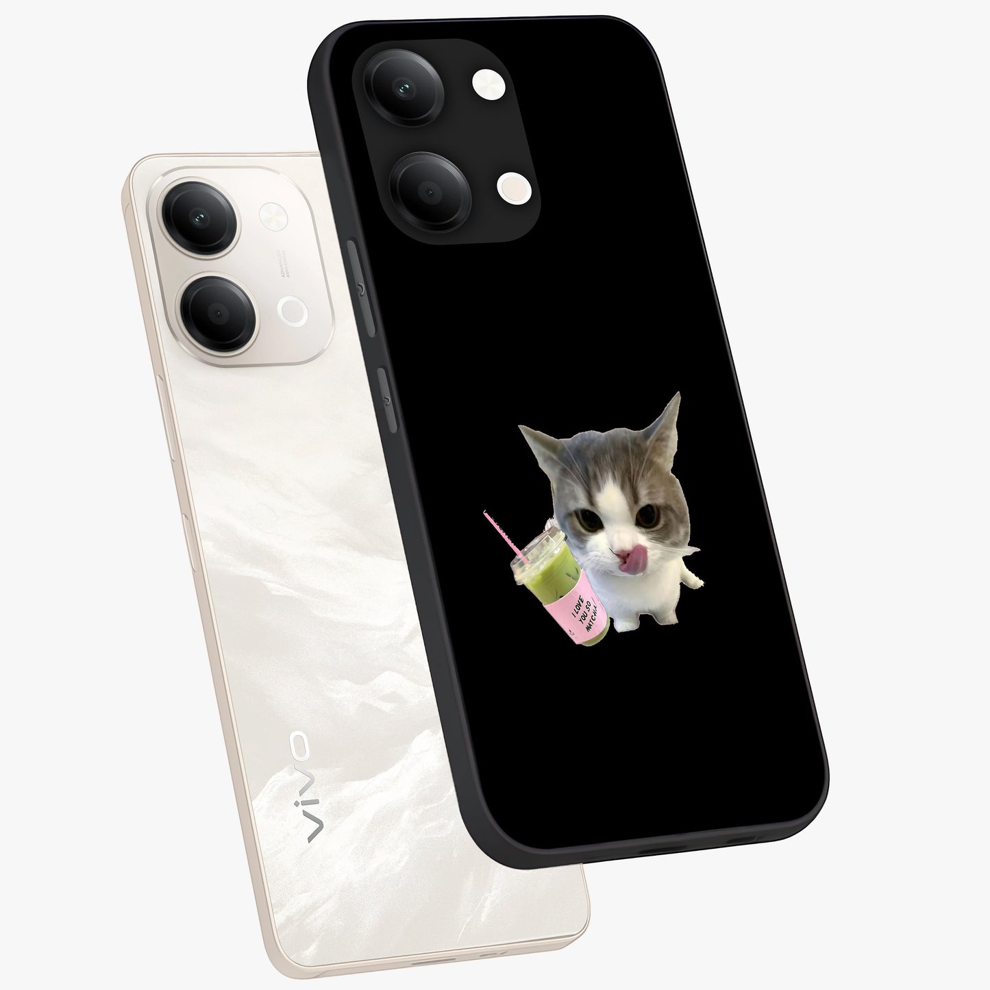 Matcha Cat Style Glass Case displayed in angled mockup highlighting playful feline design with pastel matcha aesthetic.