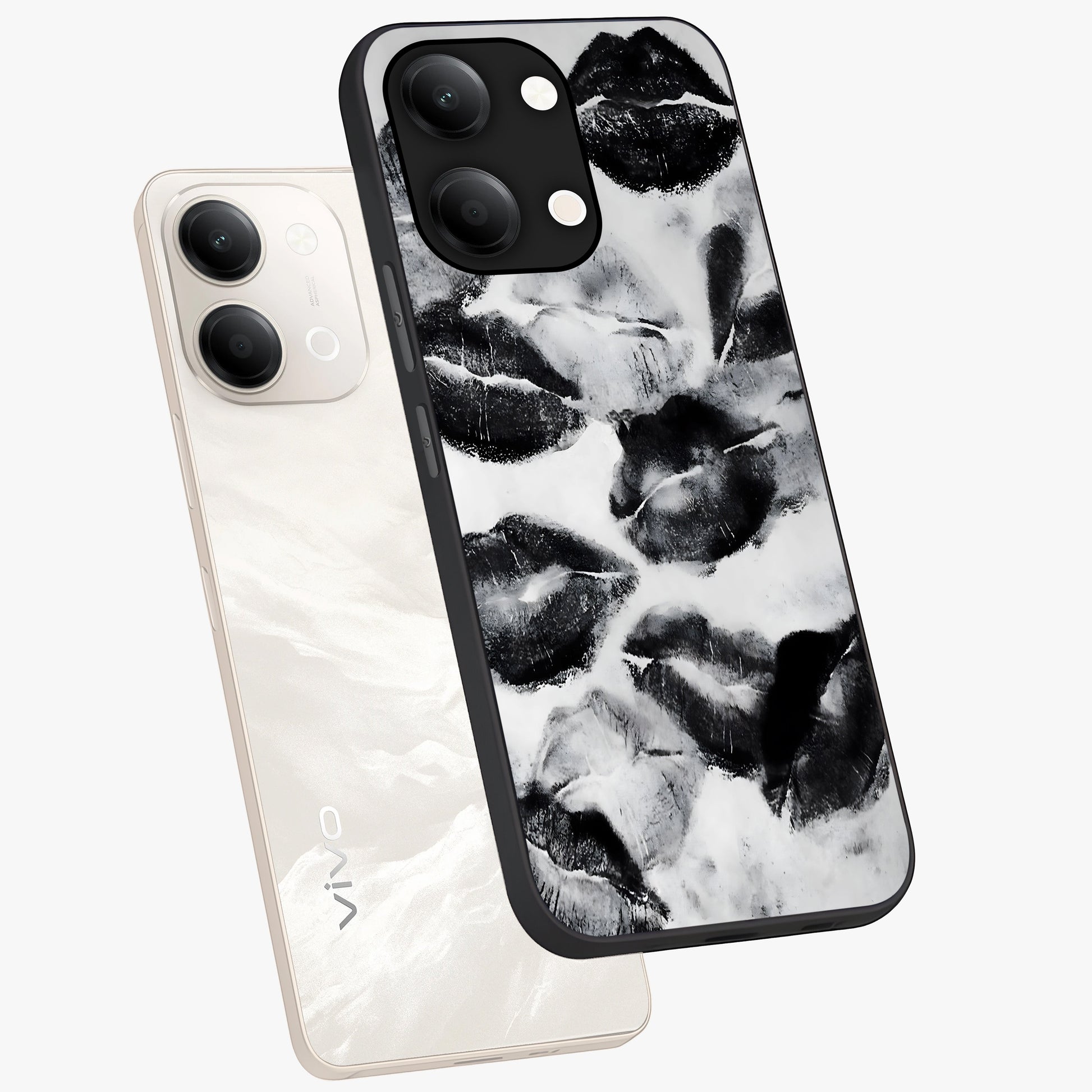 Midnight Kiss Marks Glass Case displayed in angled mockup highlighting playful romantic design with bold midnight aesthetic.