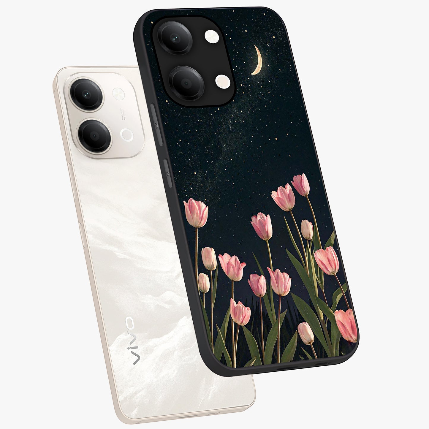 Midnight Tulip Whispers Vibe Glass Case displayed in angled mockup highlighting delicate tulip design with midnight floral aesthetic.